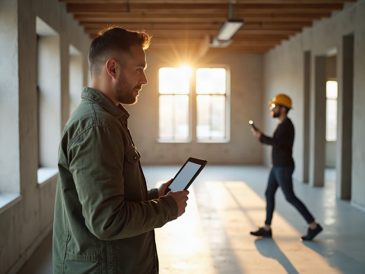 A builder reviewing a project on a tablet inside a framed building at sunrise