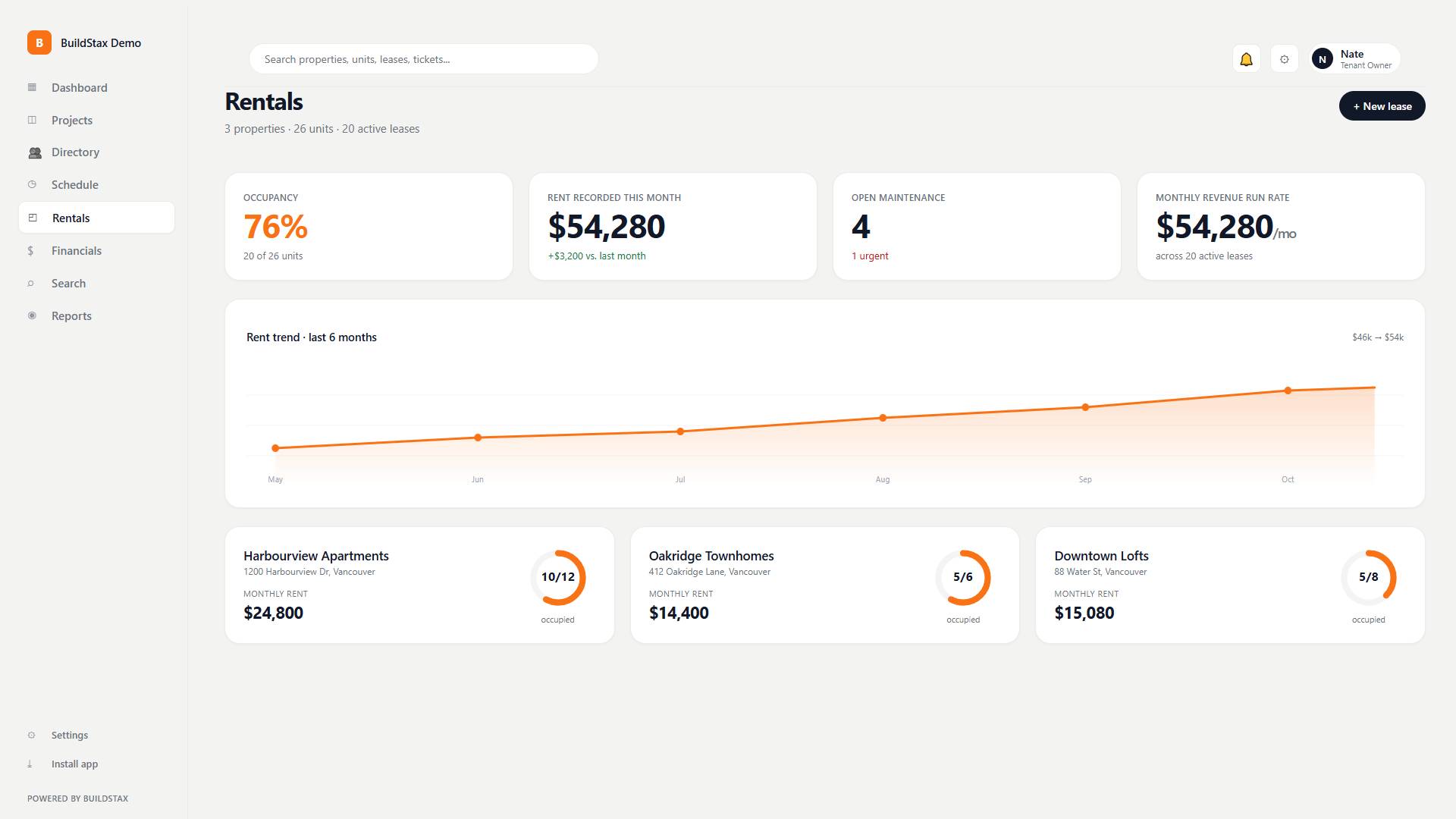 The BuildStax rentals dashboard